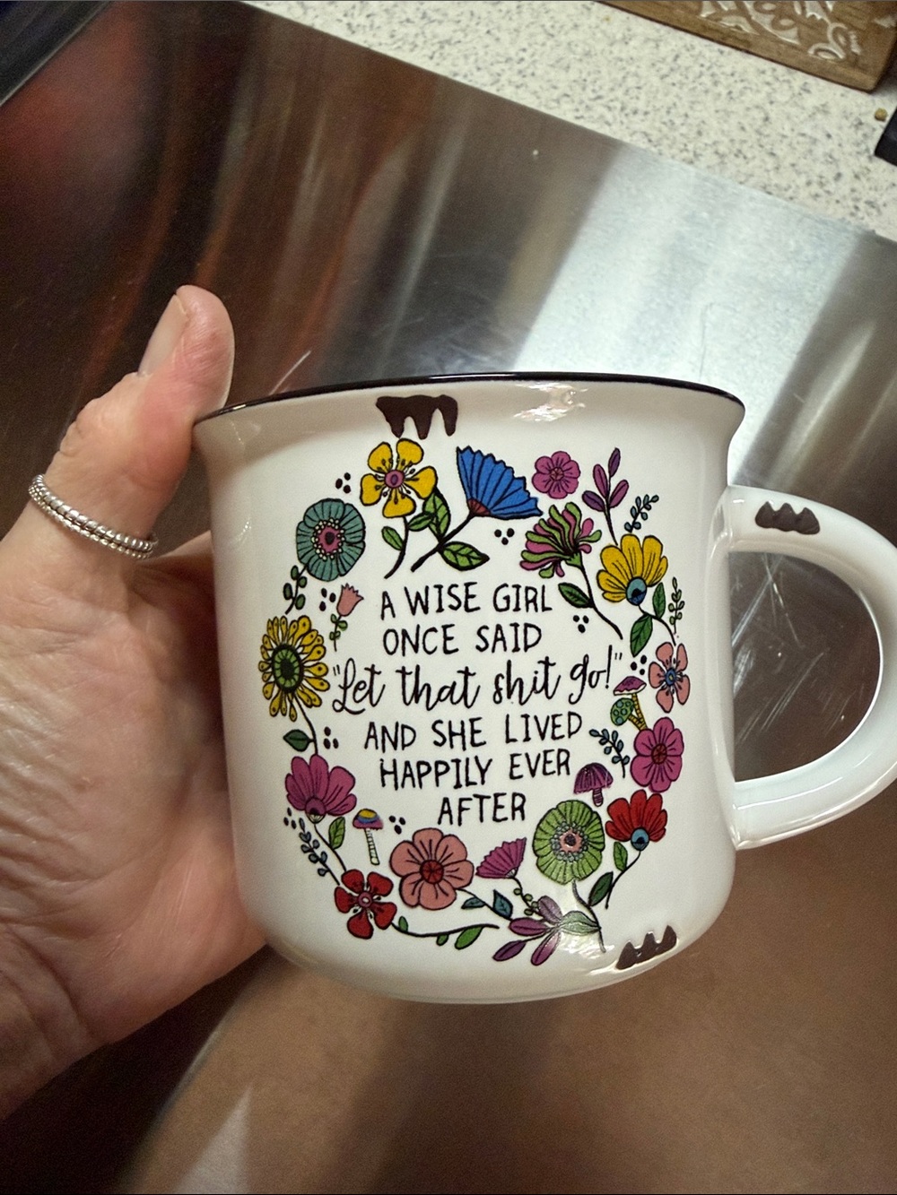 NATURAL LIFE White Floral Quote Ceramic Coffee Mug with Multicolor Flowers